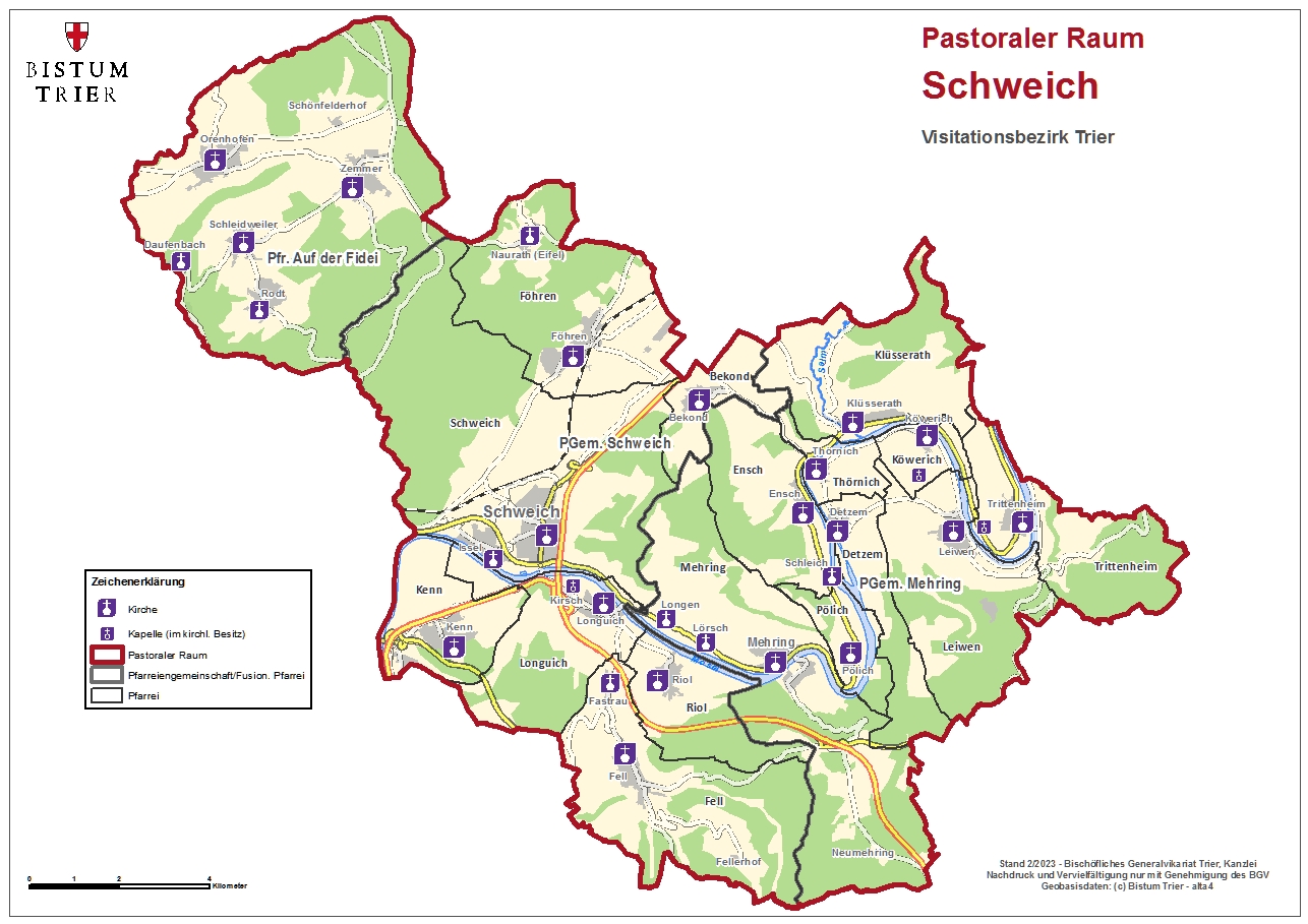 Die Übersichtskarte des Pastoralen Raums mit den dazugehörigen Pfarreien und Pfarreiengemeinschaften.